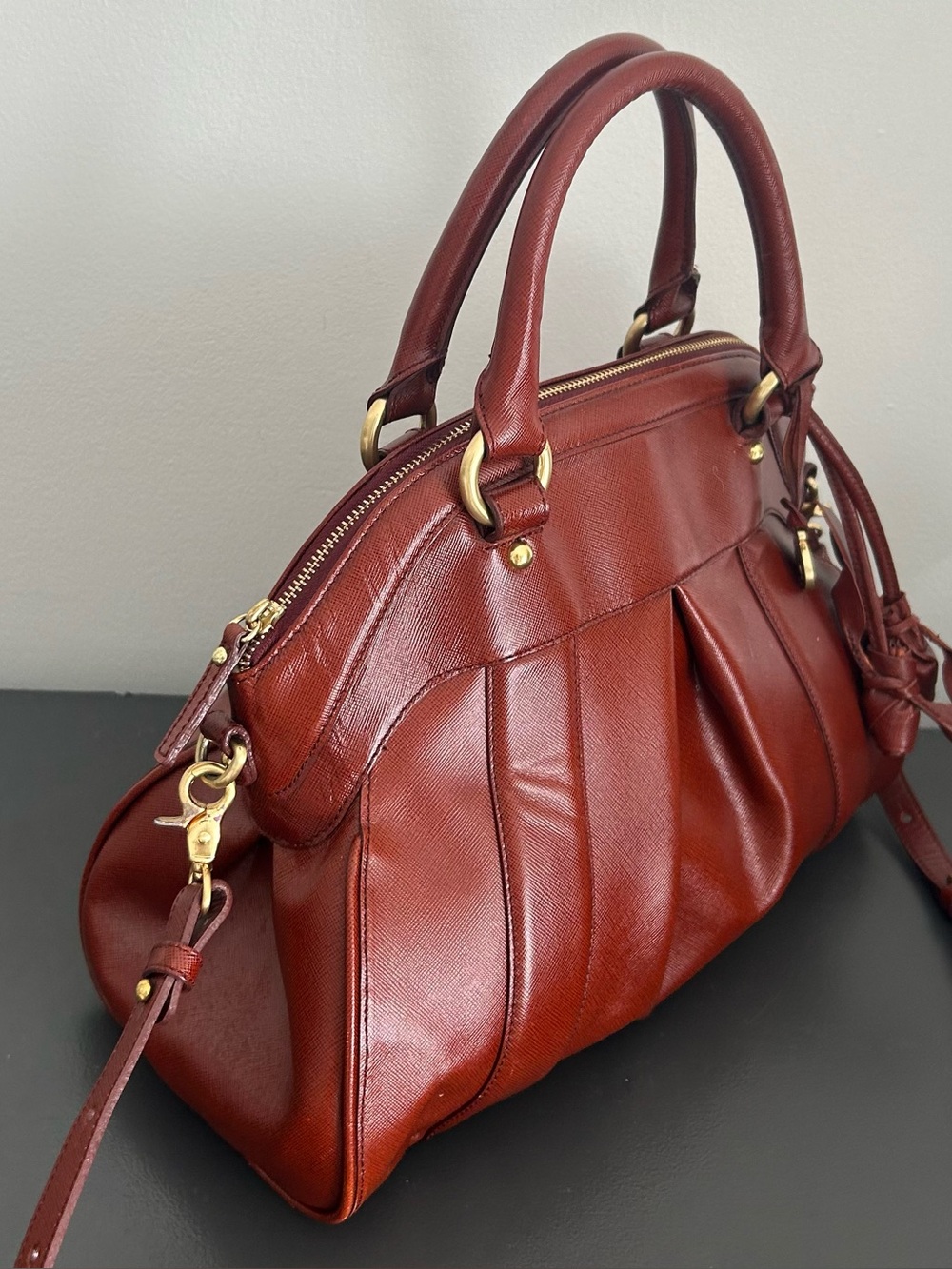 Brahmin Cognac Leather Satchel Top Handle Crossbody Shoulder Bag Tassel Purse - Picture 7 of 12